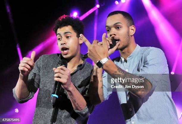 Harley Alexander-Sule and Jordan Stephens of Rizzle Kicks perform live on stage at the Hammersmith Apollo, on March 1, 2014 in London, United Kingdom.
