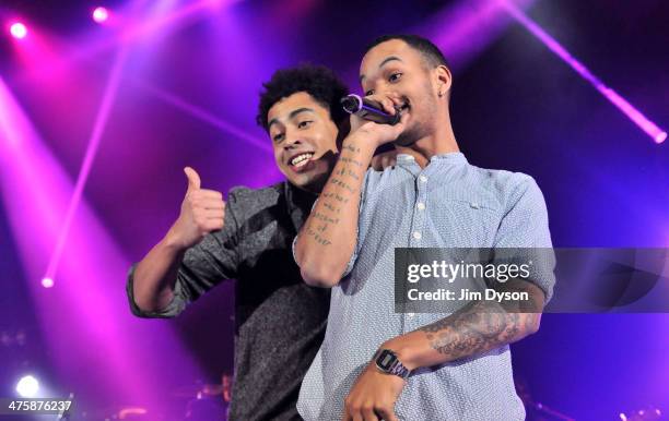Harley Alexander-Sule and Jordan Stephens of Rizzle Kicks perform live on stage at the Hammersmith Apollo, on March 1, 2014 in London, United Kingdom.