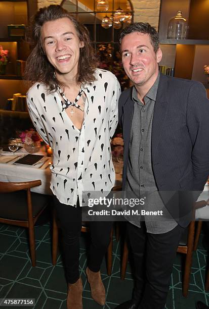 Harry Styles and Dave Gardner attend a private dinner celebrating the launch of the Nick Grimshaw for TOPMAN collection at Odette's Primrose Hill on...