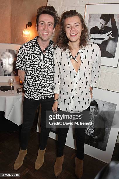 Nick Grimshaw and Harry Styles attend a private dinner celebrating the launch of the Nick Grimshaw for TOPMAN collection at Odette's Primrose Hill on...