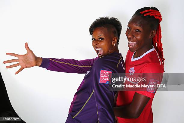 Karina LeBlanc of Canada and Kadeisha Buchanan during the FIFA Women's World Cup 2015 portrait session at the Delta Edmonton South on June 3, 2015 in...