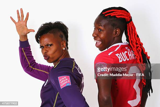 Karina LeBlanc of Canada and Kadeisha Buchanan during the FIFA Women's World Cup 2015 portrait session at the Delta Edmonton South on June 3, 2015 in...