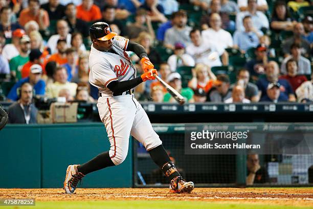 Adam Jones of the Baltimore Orioles connects on a solo home run in the eighth inning during their game against the Houston Astros at Minute Maid Park...