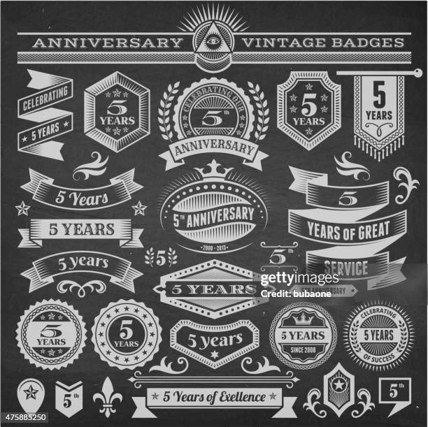 five year anniversary hand-drawn chalkboard royalty free vector background - crown vector drawing stock illustrations