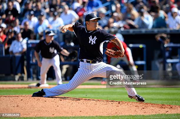 Masahiro Tanaka of the New York Yankees pitches against the Philadelphia Phillies at George M. Steinbrenner Field on March 1, 2014 in Tampa, Florida.