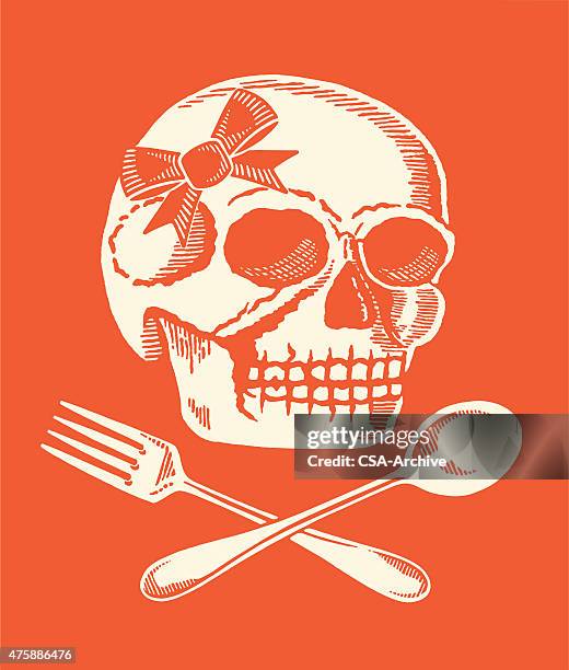 skull and fork and spoon - fork and spoon crossbones stock illustrations