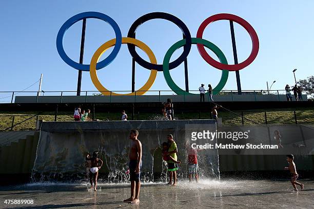 The Olympic Rings rise above Madureira Park on June 4, 2015 in Rio de Janeiro, Brazil.