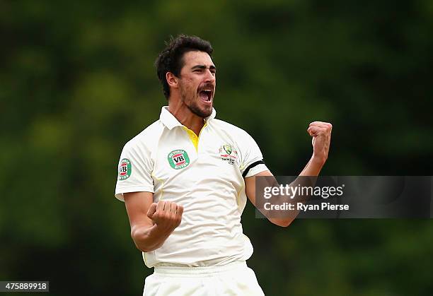 Mitchell Starc of Australia celebrates after taking the wicket of Kraigg Brathwaite of West Indies during day two of the First Test match between...