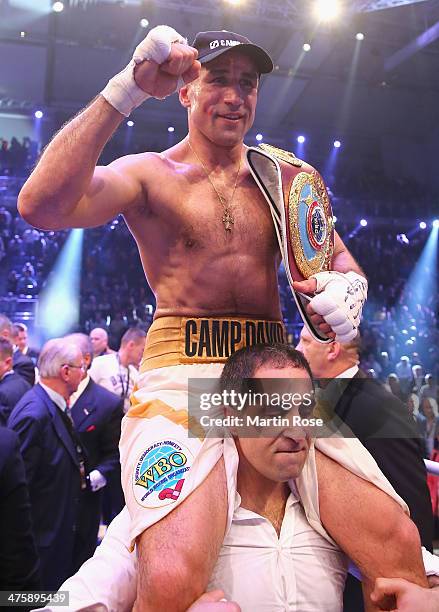 Arthur Abraham of Germany celebrates after winning over Robert Stieglitz of Germany after the WBO World Championship Super Middleweight title fight...