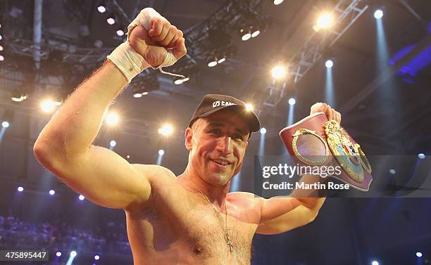 Arthur Abraham of Germany celebrates after winning over Robert Stieglitz of Germany after the WBO World Championship Super Middleweight title fight...