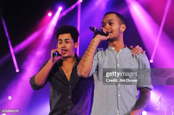 Harley Alexander-Sule and Jordan Stephens of Rizzle Kicks perform live on stage at the Hammersmith Apollo, on March 1, 2014 in London, United Kingdom.