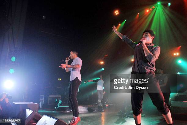 Harley Alexander-Sule and Jordan Stephens of Rizzle Kicks perform live on stage at the Hammersmith Apollo, on March 1, 2014 in London, United Kingdom.