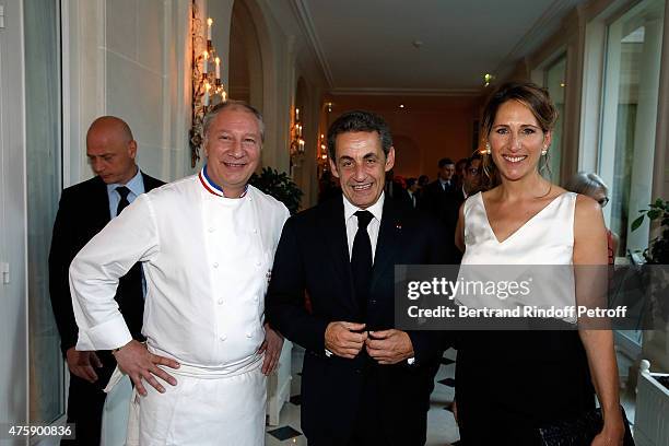 Chef Eric Frechon, Nicolas Sarkozy and Maud Fontenoy attend the Charity Dinner benefit the Maud Fontenoy Foundation for Preserve Oceans at Hotel...