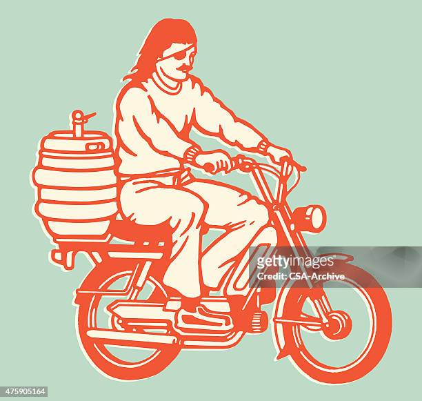 moped guy mit keg auf der rückseite - moped stock-grafiken, -clipart, -cartoons und -symbole