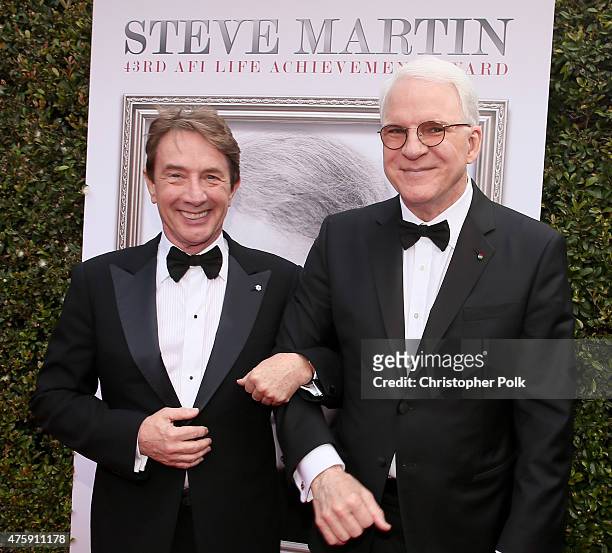 Actor Martin Short and honoree Steve Martin attend the 2015 AFI Life Achievement Award Gala Tribute Honoring Steve Martin at the Dolby Theatre on...