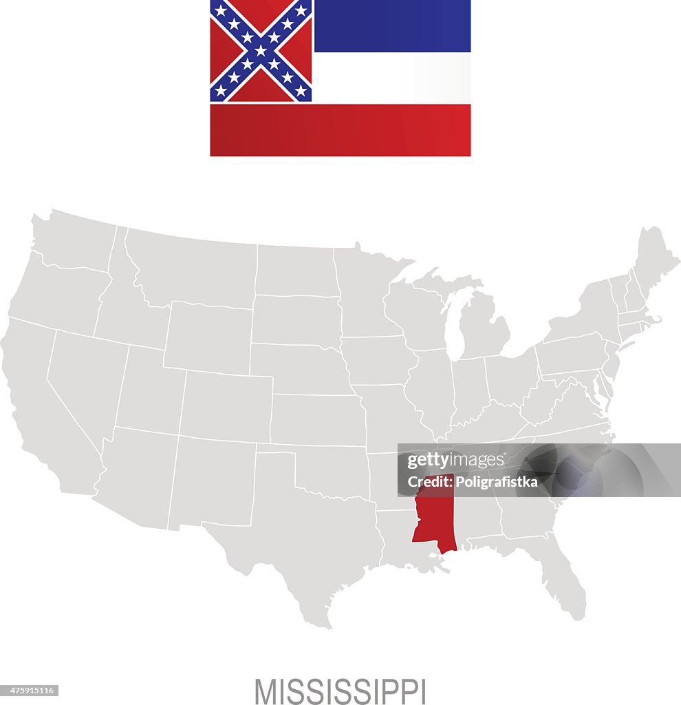 Flag of Mississippi and location on U.S. map