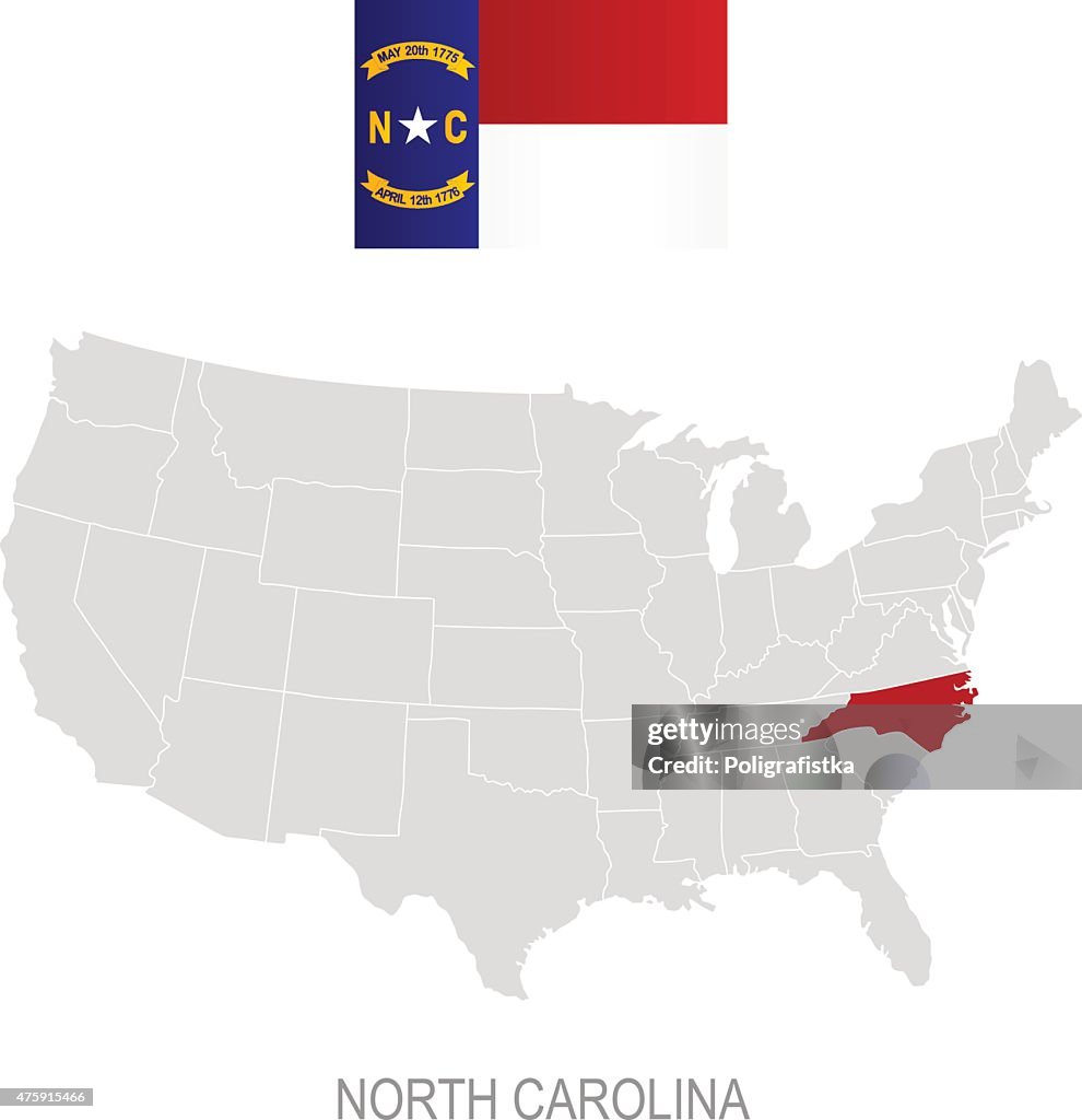Flag of North Carolina and location on U.S. map