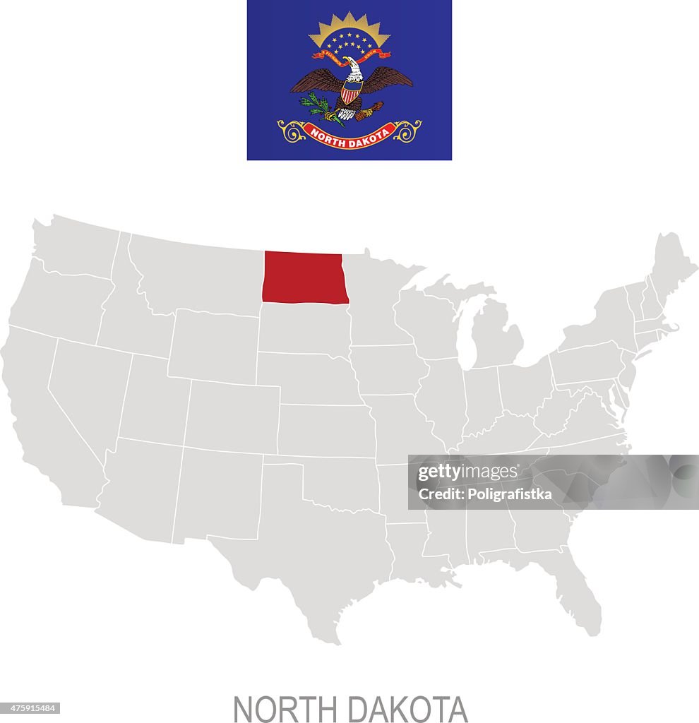 Flag of North Dakota and location on U.S. map