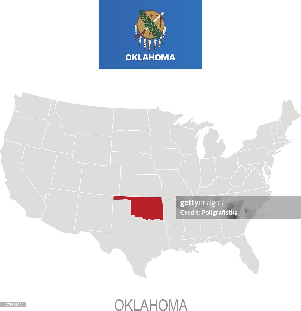 Bandera de Oklahoma y ubicación en el mapa de los Estados Unidos