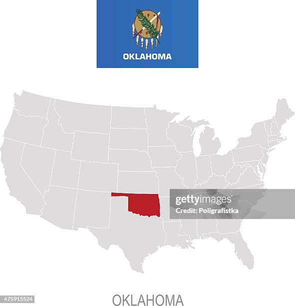 flag of oklahoma and location on u.s. map - oklahoma state flag stock illustrations
