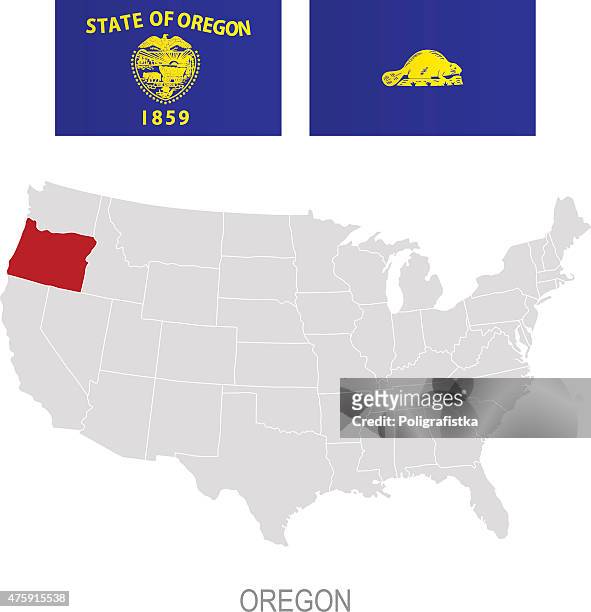 flag of oregon and location on u.s. map - oregon us state stock illustrations
