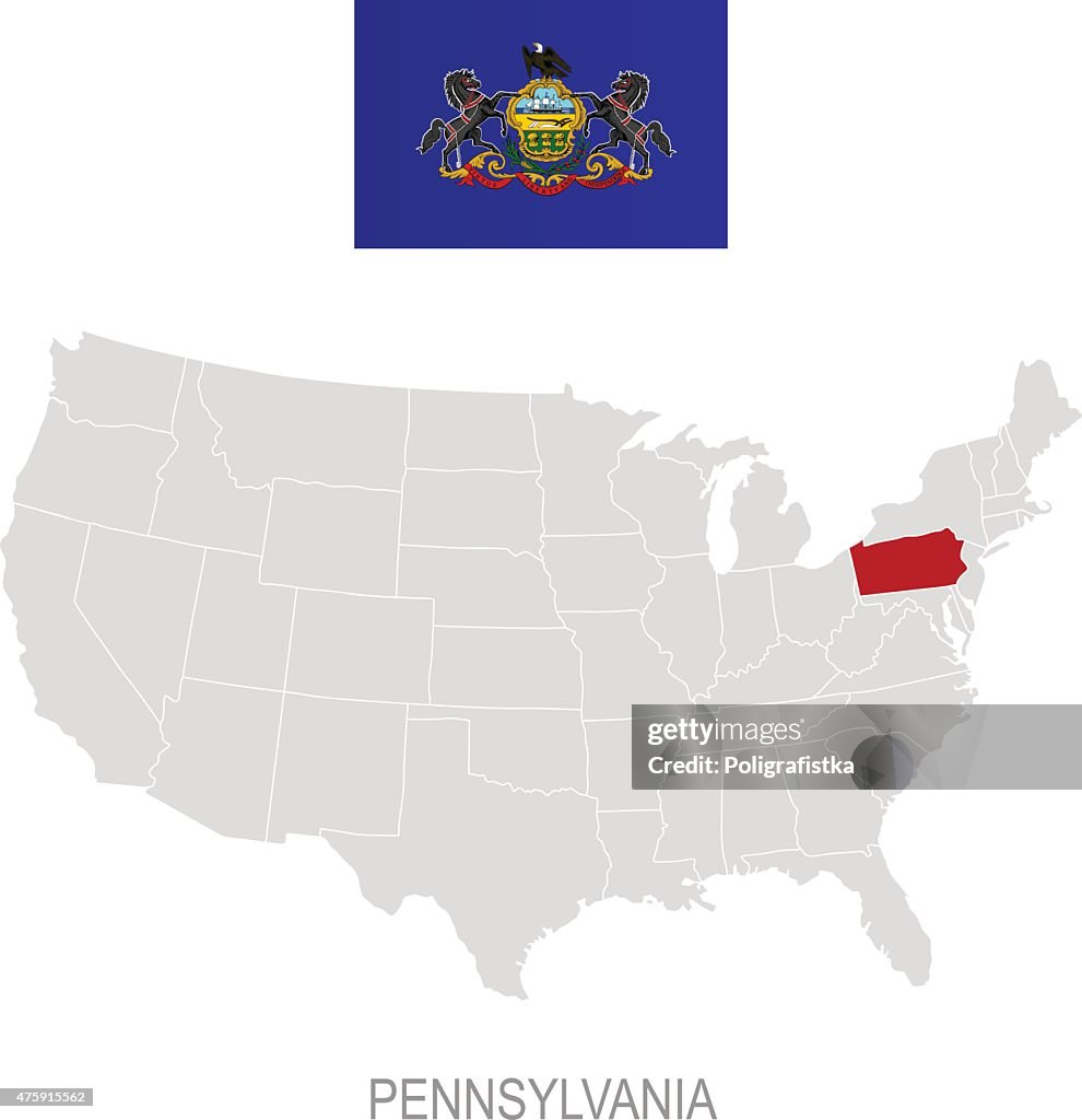 Flag of Pennsylvania and location on U.S. map