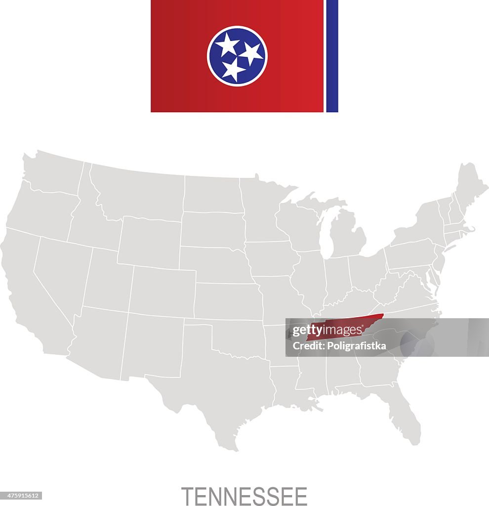 Flag of Tennessee and location on U.S. map