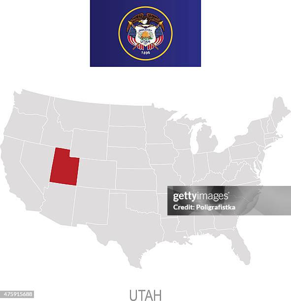 flag of utah and location on u.s. map - utah state flag stock illustrations