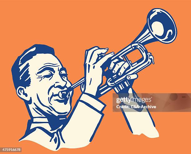 ilustraciones, imágenes clip art, dibujos animados e iconos de stock de hombre tocando trompeta - trompeta