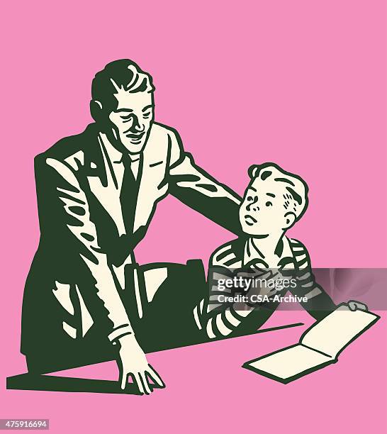 man looking at book with son - parent homework stock illustrations