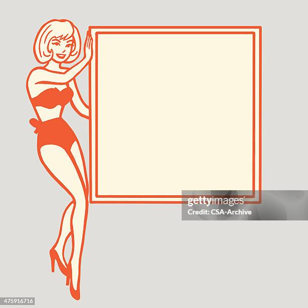 woman in bikini holding sign - pin up girl stock illustrations