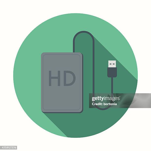 flat design external hard drive icon with long shadow - external hard disk drive stock illustrations