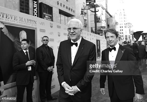 Honoree Steve Martin and actor Martin Short attend the 2015 AFI Life Achievement Award Gala Tribute Honoring Steve Martin at the Dolby Theatre on...