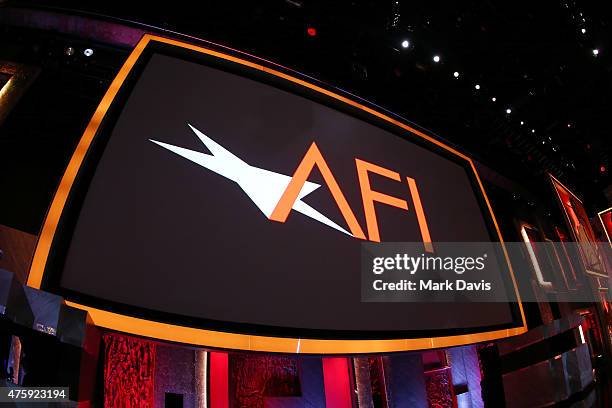 View of the AFI logo onstage during the 2015 AFI Life Achievement Award Gala Tribute Honoring Steve Martin at the Dolby Theatre on June 4, 2015 in...