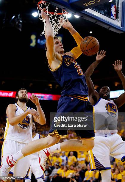 Timofey Mozgov of the Cleveland Cavaliers dunks against the Golden State Warriors in the second half during Game One of the 2015 NBA Finals at ORACLE...