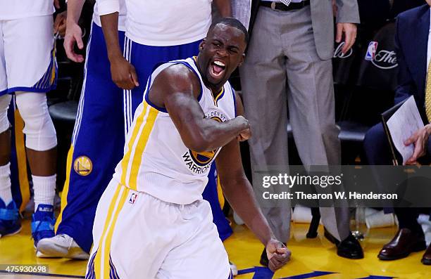Draymond Green of the Golden State Warriors reacts in overtime against the Cleveland Cavaliers during Game One of the 2015 NBA Finals at ORACLE Arena...