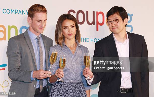 Christopher Gavigan, Jessica Alba and Kim Bum-Suk pose for photographs during 'Honest Company' launching event with Coupang at Grand Intercontinental...