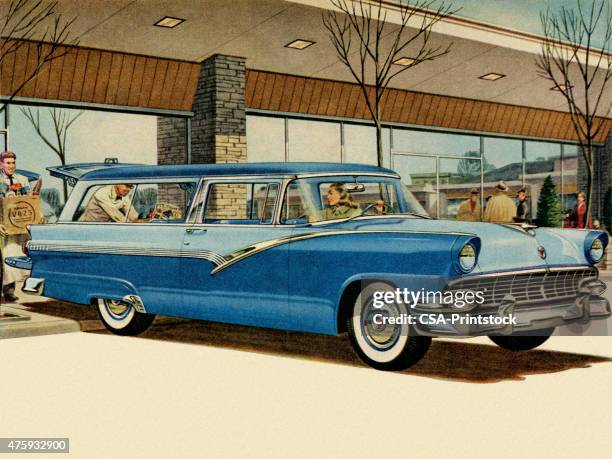two tone blue vintage car at grocery store - station wagon stock illustrations
