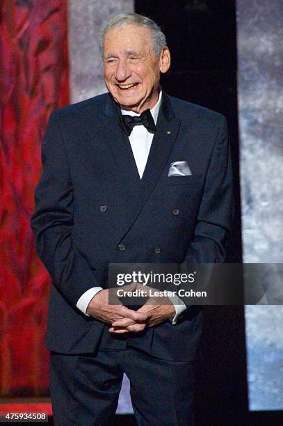 Writer/director Mel Brooks reacts as honoree Steve Martin accepts the AFI Life Achievement Award onstage during the 2015 AFI Life Achievement Award...