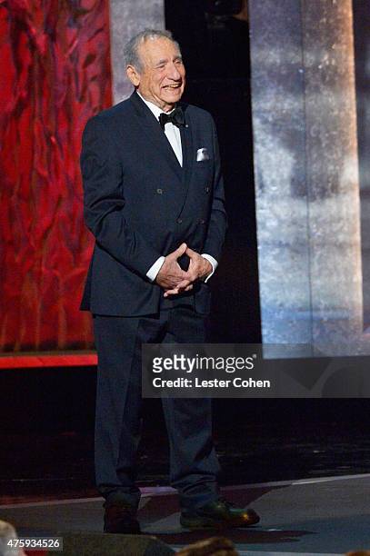 Writer/director Mel Brooks reacts as honoree Steve Martin accepts the AFI Life Achievement Award onstage during the 2015 AFI Life Achievement Award...