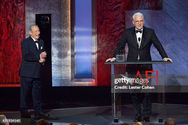 Writer/director Mel Brooks reacts as honoree Steve Martin accepts the AFI Life Achievement Award onstage during the 2015 AFI Life Achievement Award...