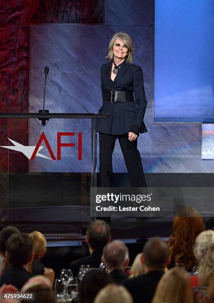 Actress Diane Keaton walks onstage during the 2015 AFI Life Achievement Award Gala Tribute Honoring Steve Martin at the Dolby Theatre on June 4, 2015...
