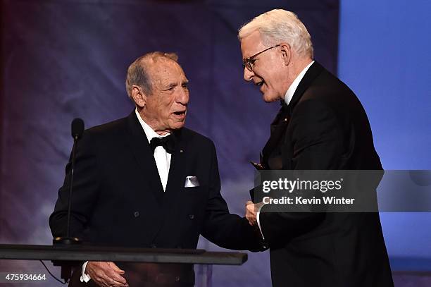 Writer/director Mel Brooks presents the AFI Life Achievement Award to honoree Steve Martin onstage during the 2015 AFI Life Achievement Award Gala...
