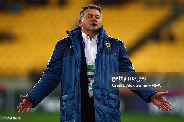 Head coach Humberto Grondona of Argentina reacts during the FIFA U-20 World Cup New Zealand 2015 Group B match between Austria and Argentina at...