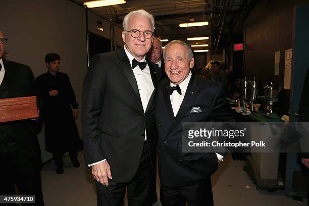 Honoree Steve Martin and entertainer Mel Brooks pose backstage during the 2015 AFI Life Achievement Award Gala Tribute Honoring Steve Martin at the...