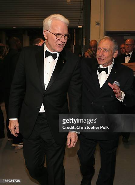 Honoree Steve Martin and entertainer Mel Brooks walk backstage during the 2015 AFI Life Achievement Award Gala Tribute Honoring Steve Martin at the...