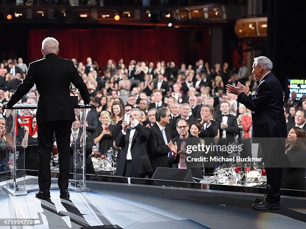 Honoree Steve Martin and entertainer Mel Brooks onstage during the 2015 AFI Life Achievement Award Gala Tribute Honoring Steve Martin at the Dolby...