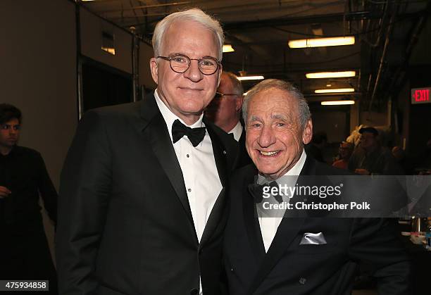 Honoree Steve Martin and Mel Brooks backstage during the 2015 AFI Life Achievement Award Gala Tribute Honoring Steve Martin at the Dolby Theatre on...