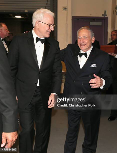 Honoree Steve Martin and entertainer Mel Brooks walk backstage during the 2015 AFI Life Achievement Award Gala Tribute Honoring Steve Martin at the...