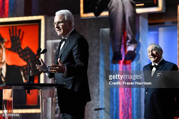 Honoree Steve Martin accepts the AFI Life Achievement Award onstage during the 43rd AFI Life Achievement Award Gala honoring Steve Martin at Dolby...